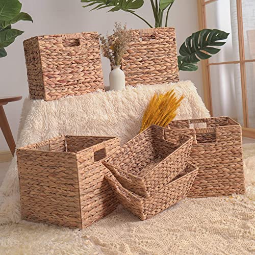 VK Living Foldable Handwoven Water Hyacinth Storage Baskets Wicker Cube Baskets Rectangular Laundry Organizer Totes for Bedroom, Living Room,Nursery Room, Shelves, Pantry 4 Pack 12x12x12inch