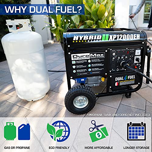 DuroMax XP12000EH Generator-12000 Watt Gas or Propane Powered Home Back Up & RV Ready, 50 State Approved Dual Fuel Electric Start Portable Generator, Black and Blue