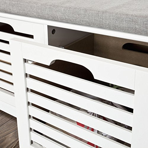 Haotian FSR23-W, White Storage Bench with 3 Drawers & Padded Seat Cushion, Hallway Bench, Shoe Cabinet, Shoe Bench