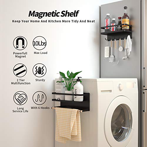 2 Sets Magnetic Shelf With 6 Hooks ,Magnetic Spice Rack For Kitchen,Magnetic Paper Towel Holder For Refrigerator,Magnetic Spice Rack With Strong Magnet,Space Saver for Small Kitchen/Apartment(Black)