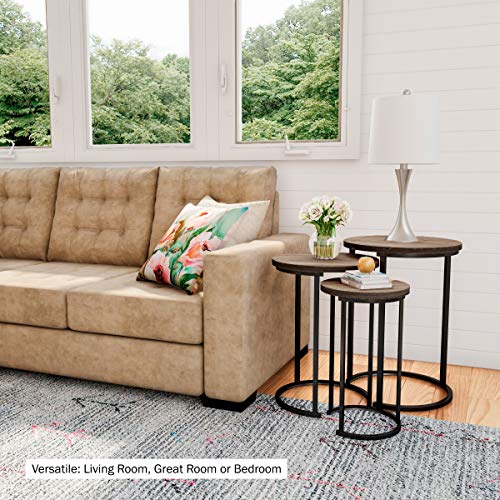 Lavish Home Round Nesting Set of 3, Modern Woodgrain Look with Black Base for Living Room Coffee Tables or Nightstands-Accent Home Furniture , Brown