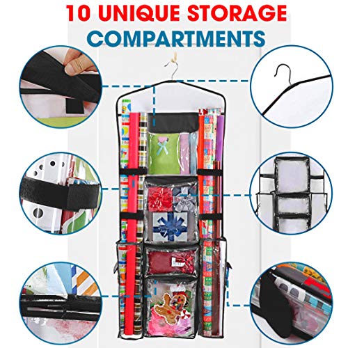 ProPik Hanging Double-Sided Gift Wrap Organizer, Wrapping Paper Storage with Multiple Front and Back Pockets, Organize Your Gift Bags Bows Ribbons 40”X17 Fits 40 Inch Rolls (Black)