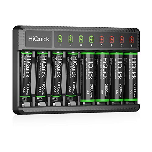 HiQuick 8 Bay Smart Battery Charger with AA & AAA Rechargeable Batteries- Fast Charging Household Battery Charger and AA 2800mAh Batteries 4 Pack & AAA 1100mAh Batteries 4 Pack