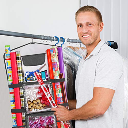 ProPik Hanging Double-Sided Gift Wrap Organizer, Wrapping Paper Storage with Multiple Front and Back Pockets, Organize Your Gift Bags Bows Ribbons 40”X17 Fits 40 Inch Rolls (Black)
