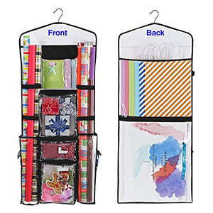 ProPik Hanging Double-Sided Gift Wrap Organizer, Wrapping Paper Storage with Multiple Front and Back Pockets, Organize Your Gift Bags Bows Ribbons 40”X17 Fits 40 Inch Rolls (Black)
