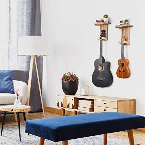 Keebofly Guitar Wall Hanger,2 Pack Guitar Wall Mount Holder Guitar Hanger Shelf with Pick Holder Wood Guitar Rack for Acoustic or Electric Guitar,Ukulele,Bass,Mandolin Brown,[Patented]
