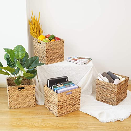 VK Living Foldable Handwoven Water Hyacinth Storage Baskets Wicker Cube Baskets Rectangular Laundry Organizer Totes for Bedroom, Living Room,Nursery Room, Shelves, Pantry 4 Pack 12x12x12inch