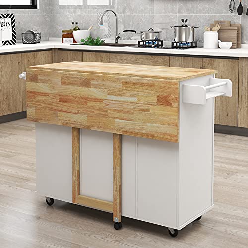 RASOO Kitchen Island Cart on Wheels Drop-Leaf Rubber Wood Top Kitchen Cart with Storage Cabinet and Drawers Kitchen Trolley with Towel Rack & Bottle Rack, White, 43.7"x16.93"x36.02"(LxWxH) (White)