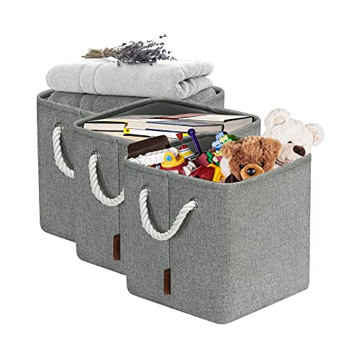 KITCSTI Basket, Rectangular Storage Baskets for Organizing, Fabric Folding Storage Bin for Closet, Toys, Clothes, Home, Office (Grey, 11x11x11 Inches, Pack of 3)
