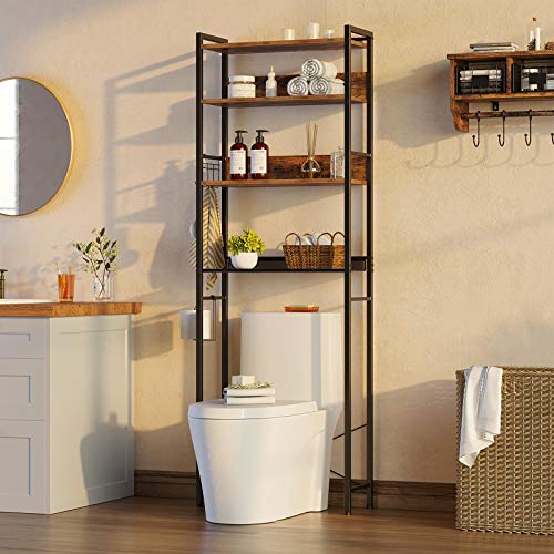 Rolanstar Bathroom Space Saver, 4-Tier Over The Toilet Storage Rack, Wooden Freestanding Bathroom Organizer, Multifunctional Bathroom Toilet Rack, Rustic Brown