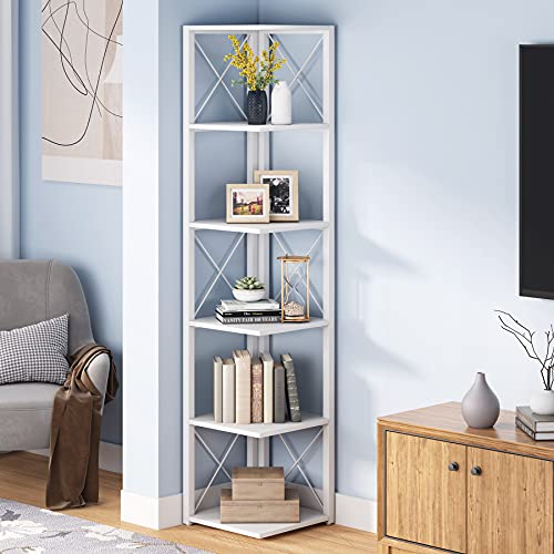 Tribesigns 6-Tier Corner Shelf, 70.8 Inch Tall Rustic Corner Bookshelf Storage Etagere Bookcase for Living Room, Corner Display Rack Plant Shelf for Home Kitchen Small Space (White)