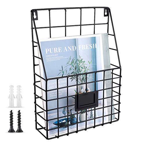 WantuSee Metal Wire Wall Mounted Magazine Holder, Wall Hanging Organizer holder for Files, Newspapers, Magazines with Tag Slot for Office, Home Organization, Black