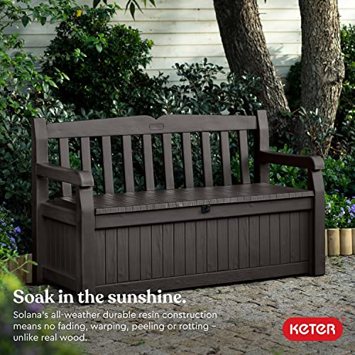 Keter Solana 70 Gallon Storage Bench Deck Box for Patio Furniture, Front Porch Decor and Outdoor Seating – Perfect to Store Garden Tools and Pool Toys, Brown