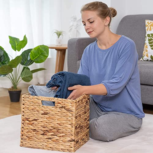 VK Living Foldable Handwoven Water Hyacinth Storage Baskets Wicker Cube Baskets Rectangular Laundry Organizer Totes for Bedroom, Living Room,Nursery Room, Shelves, Pantry 4 Pack 12x12x12inch