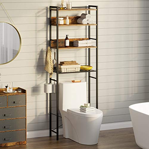 Rolanstar Bathroom Space Saver, 4-Tier Over The Toilet Storage Rack, Wooden Freestanding Bathroom Organizer, Multifunctional Bathroom Toilet Rack, Rustic Brown