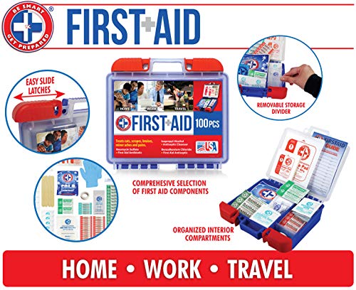 Be Smart Get Prepared 100 Piece First Aid Kit: Clean, Treat, Protect Minor Cuts, Scrapes. Home, Office, Car, School, Business, Travel, Emergency, Survival, Hunting, Outdoor, Camping & Sports