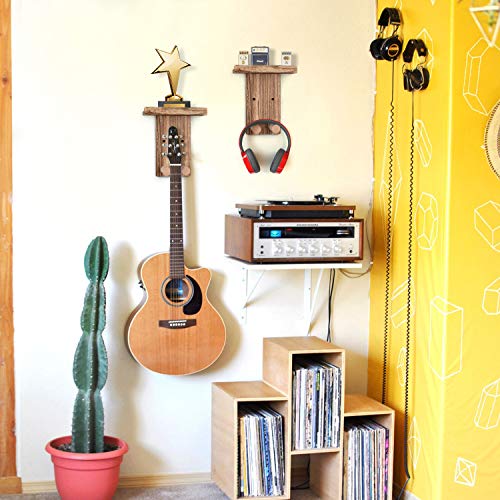 Keebofly Guitar Wall Hanger,2 Pack Guitar Wall Mount Holder Guitar Hanger Shelf with Pick Holder Wood Guitar Rack for Acoustic or Electric Guitar,Ukulele,Bass,Mandolin Brown,[Patented]