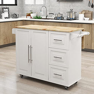 RASOO Kitchen Island Cart on Wheels Drop-Leaf Rubber Wood Top Kitchen Cart with Storage Cabinet and Drawers Kitchen Trolley with Towel Rack & Bottle Rack, White, 43.7"x16.93"x36.02"(LxWxH) (White)