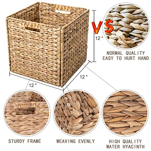 VK Living Foldable Handwoven Water Hyacinth Storage Baskets Wicker Cube Baskets Rectangular Laundry Organizer Totes for Bedroom, Living Room,Nursery Room, Shelves, Pantry 4 Pack 12x12x12inch