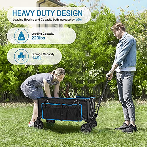 Navatiee Collapsible Folding Wagon, Heavy Duty Utility Beach Wagon Cart with Removable Wheels, Large Capacity Foldable Grocery Wagon for Garden Outdoor Use, S1