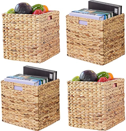 VK Living Foldable Handwoven Water Hyacinth Storage Baskets Wicker Cube Baskets Rectangular Laundry Organizer Totes for Bedroom, Living Room,Nursery Room, Shelves, Pantry 4 Pack 12x12x12inch