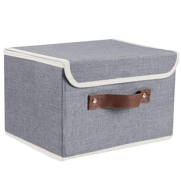 Lucky Monet 2 Pack Linen Fabric Foldable Storage Bin Set Collapsible Storage Box Cube Closet Organizer with Lid & Faux Leather Handle, 15”x10”x10” (Grey)