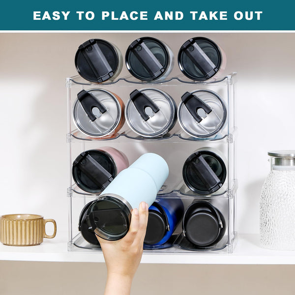 4 Tier Stackable Water Bottle Organizer for Cabinet - Premium Clear Holder for Tumbler, Cup, Travel Mug, Wine Rack Display - Home Kitchen Pantry Refrigerator Organization and Storage - Hold 12 Bottles