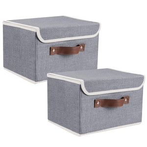 Lucky Monet 2 Pack Linen Fabric Foldable Storage Bin Set Collapsible Storage Box Cube Closet Organizer with Lid & Faux Leather Handle, 15”x10”x10” (Grey)