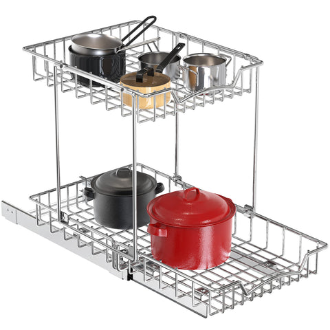 Simple Houseware 2-Tier (L+L) Organizer Pull Out Under Cabinet Sliding Shelf, Chrome