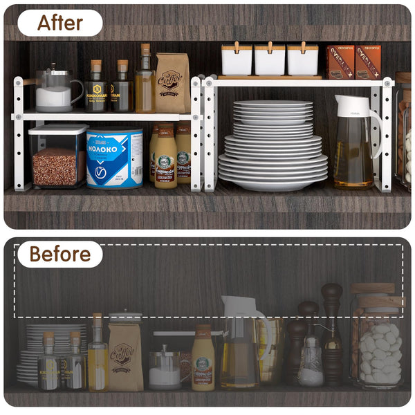 RUILALIFE Expandable Counter Shelf Organizer For Kitchen Cabinet，Adjustable Stackable Countertop Shelves Riser For Pantry Cupboard Bathroom Office Organization Storage, Space Saving Spice Rack