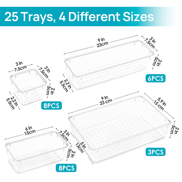Vtopmart 25 PCS Clear Plastic Drawer Organizers Set, 4-Size Versatile Bathroom and Vanity Drawer Organizer Trays, Storage Bins for Makeup, Bedroom, Kitchen Gadgets Utensils and Office