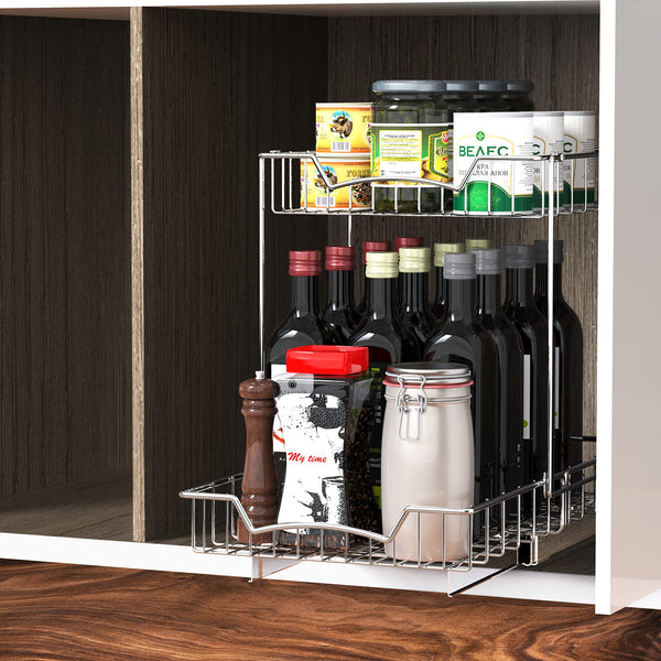 Simple Houseware 2-Tier (L+L) Organizer Pull Out Under Cabinet Sliding Shelf, Chrome